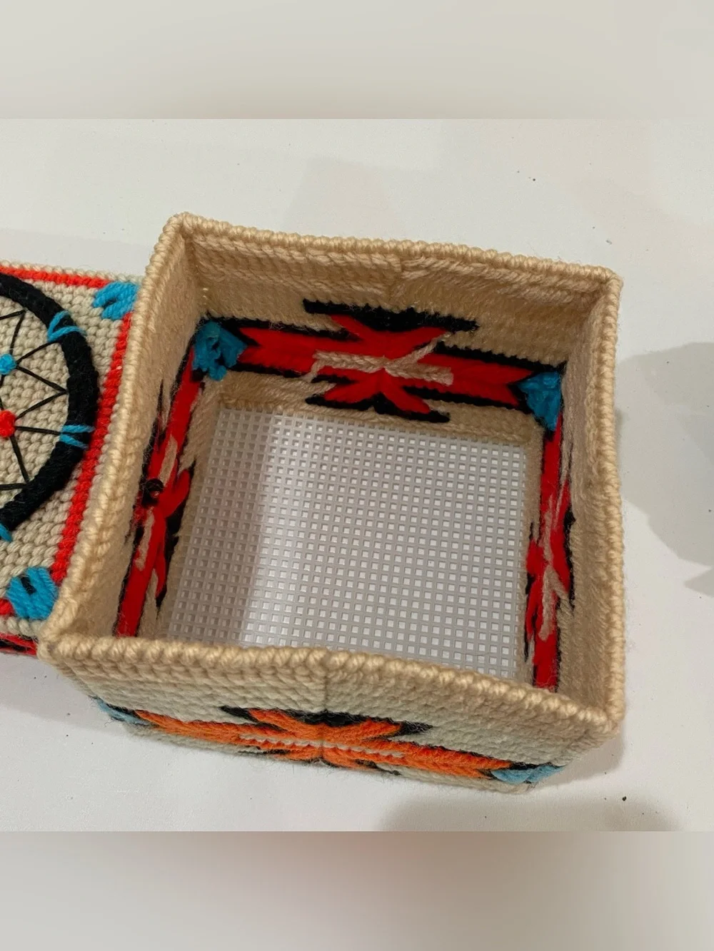 Vintage Southwestern Dream Catcher Finished Plastic Canvas Square Box Cover